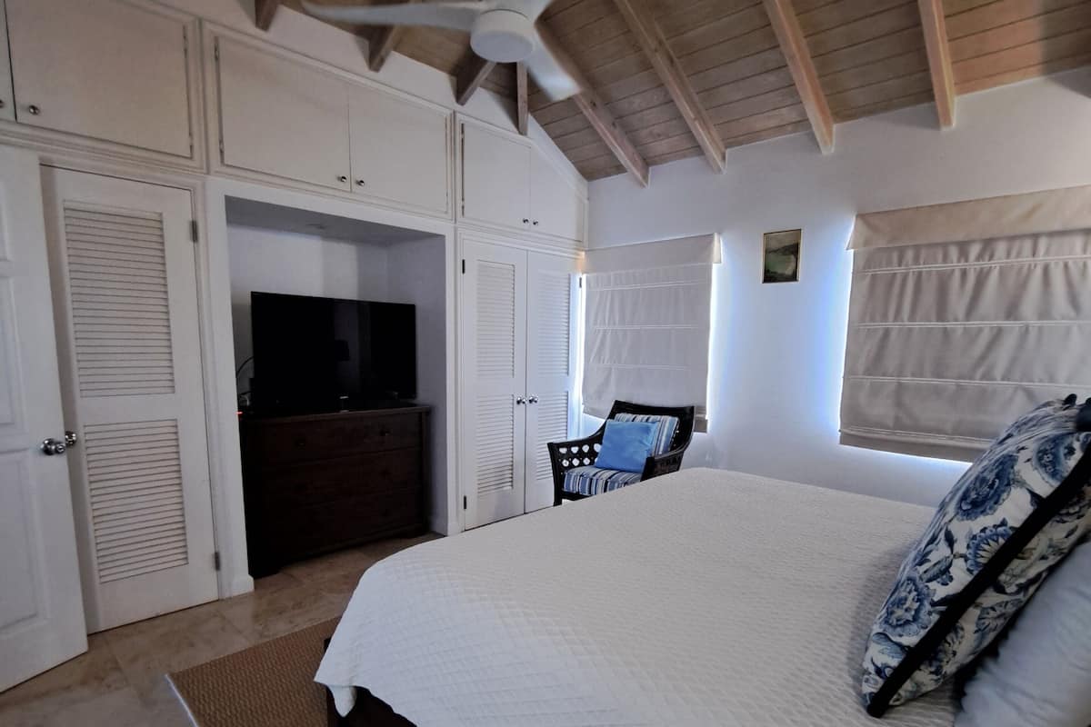 Une chambre dotée d’un grand lit, d’un ventilateur de plafond, d’armoires encastrées, d’une télévision et d’une fenêtre avec des rideaux.