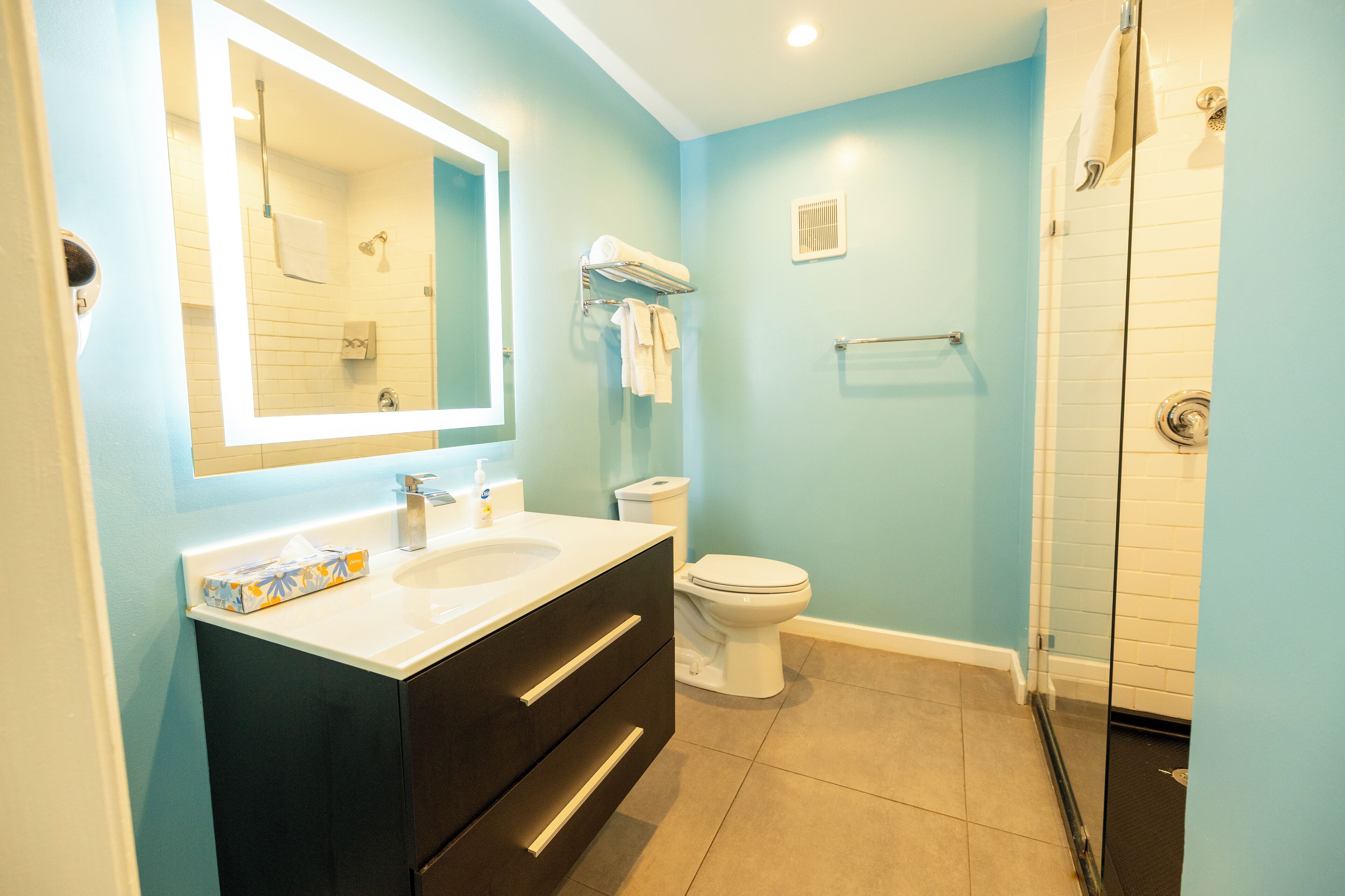 Une salle de bain avec un lavabo blanc, des meubles sombres, des toilettes blanches et une cabine de douche en verre.