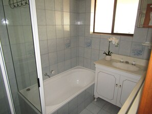 A bathroom with a bathtub, a shower, and a sink with a mirror above it. - Captain's Quarters ~ Pet Friendly - Off Peak Special! (Point Turton)