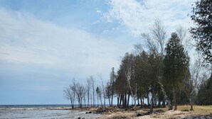 A beach with scattered debris and trees in the background. - Lake Michigan Retreat (Menominee)