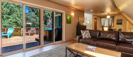 Smart TV, chimenea, libros, estéreo