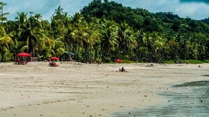 Une plage bordée de palmiers, une étendue de sable et quelques parasols.