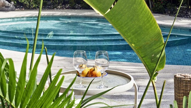 Une scène au bord de la piscine, avec une table en verre sur laquelle reposent deux verres à vin et une assiette de nourriture, le tout entouré d’une végétation luxuriante.