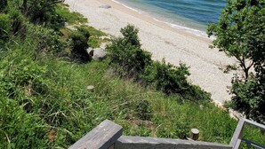 Ein Strand mit einer Holzstege, der zum Ufer führt, umgeben von Grünflächen und einem strahlend blauen Himmel.