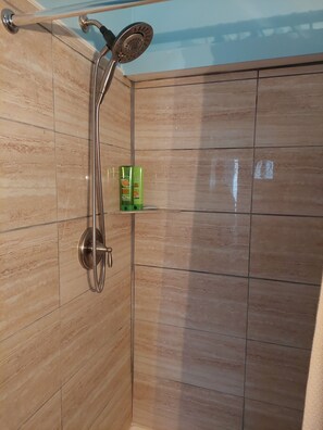 Hair dryer, towels, soap, shampoo