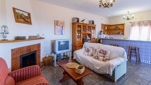 A cozy living room with a fireplace, a sofa, a television, and a kitchen area with a bar. - Villa Paco At Home Torrox by Ruralidays (Málaga)