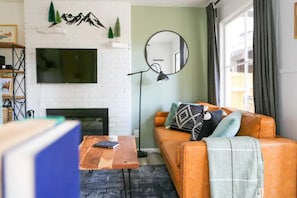 Smart TV, fireplace, books