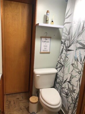 Combined shower/tub, towels, soap, toilet paper