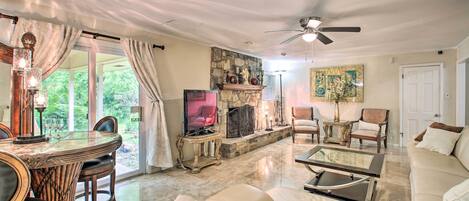 TV, fireplace, books, printers