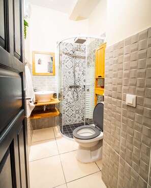 Shower, hair dryer, towels, toilet paper