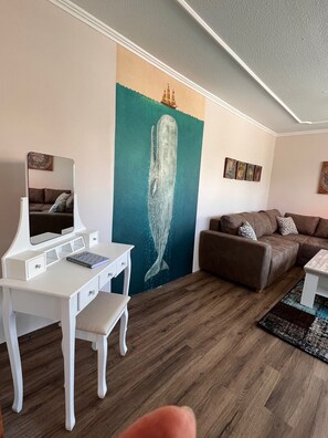 Tv, dvd-spelare, böcker och ett filmbibliotek