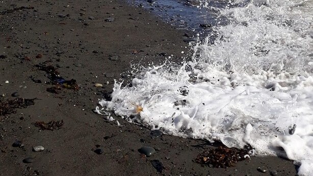 A beach with waves crashing onto the shore, a clear sky, and mountains in the background.