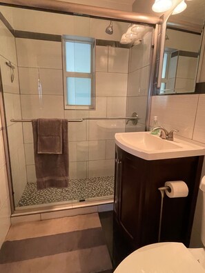 Combined shower/bathtub, hair dryer, towels, soap