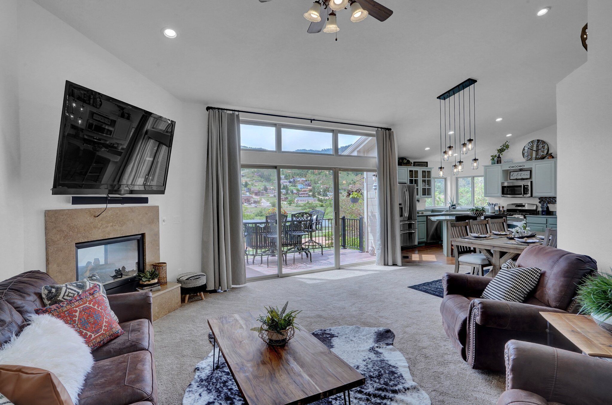 Smart TV, fireplace, foosball