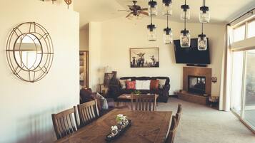 Smart TV, fireplace, foosball