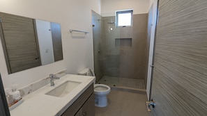 Regadera, toallas, jabón, papel de baño