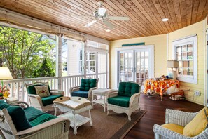 TV, fireplace, books