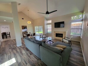 Smart TV, fireplace, books