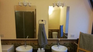 A bathroom with two sinks, a mirror, and a towel rack.