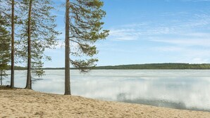 Una platja sorrenca amb arbres i un llac tranquil.