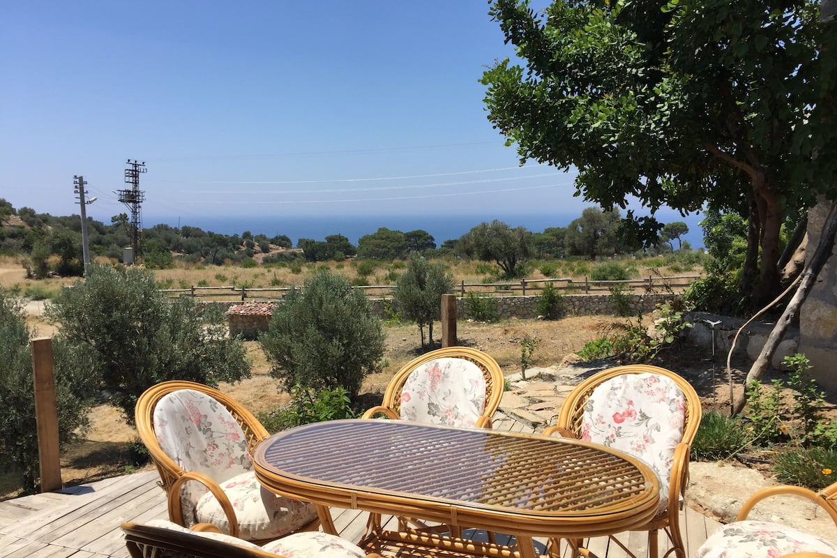 Una terraza de madera con mobiliario de mimbre y una mesa de vidrio, con vista a un paisaje pintoresco con árboles y una lejana vista del mar.