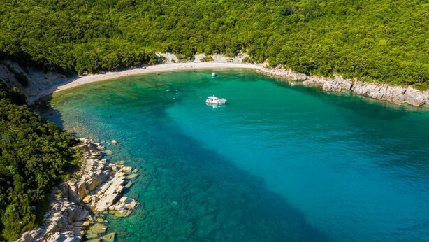 An aerial view of a coastal area with clear turquoise waters, a boat, and a beach surrounded by dense green forest. - Villa Krnica in Krnica (Marcana)