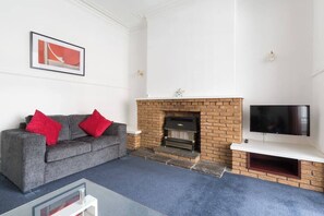 Smart TV, fireplace, books