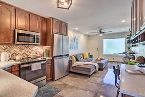 Fridge, microwave, toaster, cookware/dishes/utensils - Modern Desert Hot Springs Condo w/ Pool Access! (Desert Hot Springs)