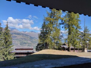 A view from inside a building looking out at a mountainous landscape with trees and a small building in the foreground.