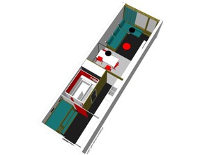 A 3D floor plan of a hotel room with a bed, a desk, a chair, a small table, and a red circular object.