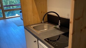 A compact kitchen with a sink, a dishwasher, and a stove.