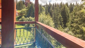 A balcony with a view of a forested area and a building in the background. - Spacious 4-room apartment in station center with balcony for 8 people (Les Arcs 1800)