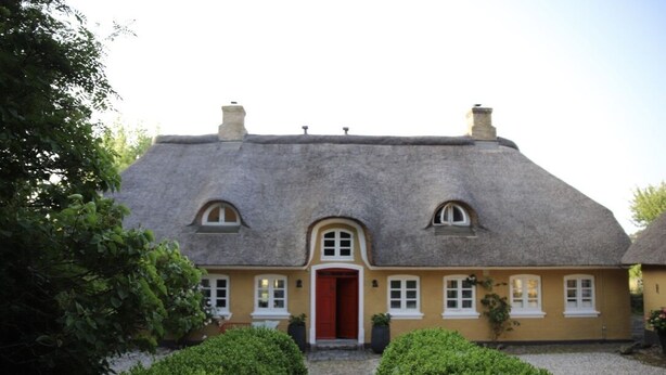 Una casa tradizionale con tetto di paglia, una porta rossa centrale e finestre simmetriche.