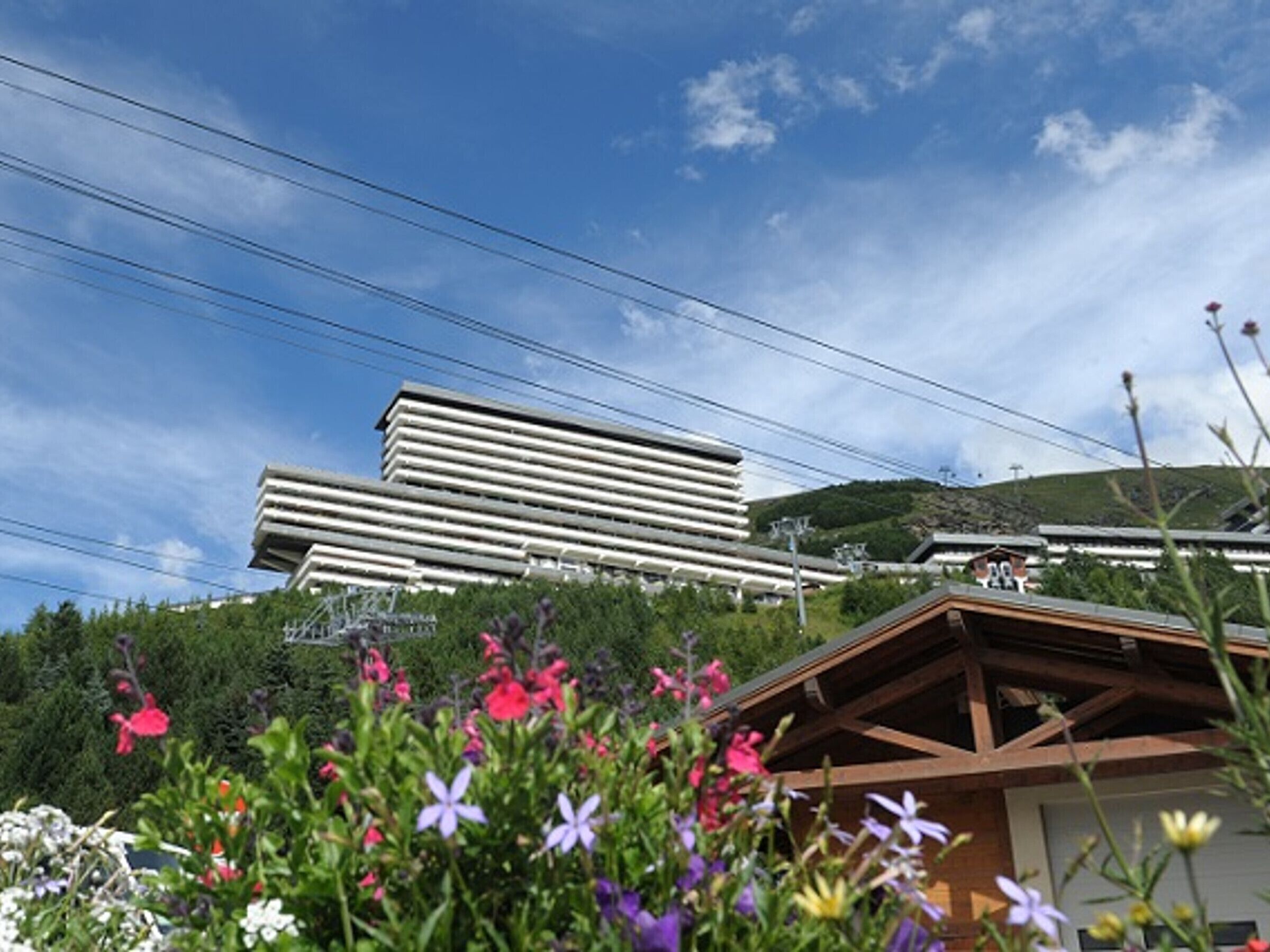 A modern building with horizontal lines, surrounded by lush greenery and colorful flowers.