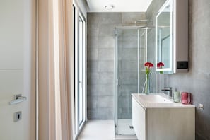 Shower, hair dryer, towels