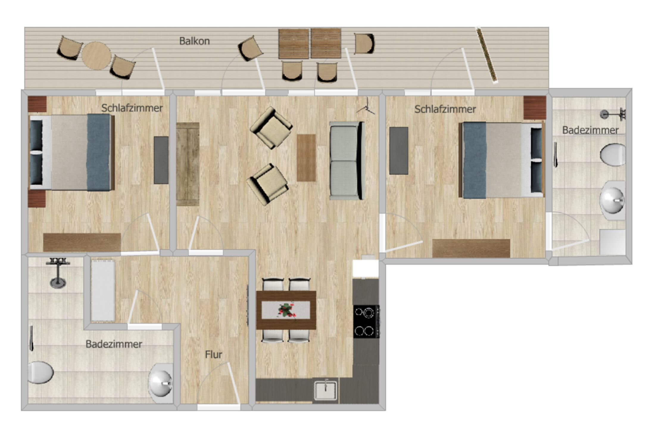 Een hotelindeling met twee slaapkamers, een balkon, een eethoek, een keuken en een badkamer.