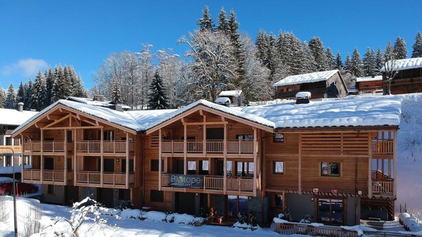 A wooden chalet with multiple balconies and a snow-covered roof, surrounded by trees. - Les Gets: 2-bed apartment with terrace and WIFI, near center and slopes (Les Gets)