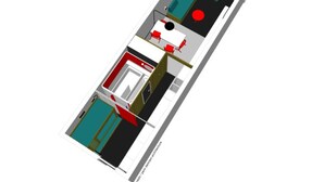 Een 3D-plattegrond van een hotelkamer, met een bed, een bureau, een stoel, een kleine tafel en een rood, rond object.