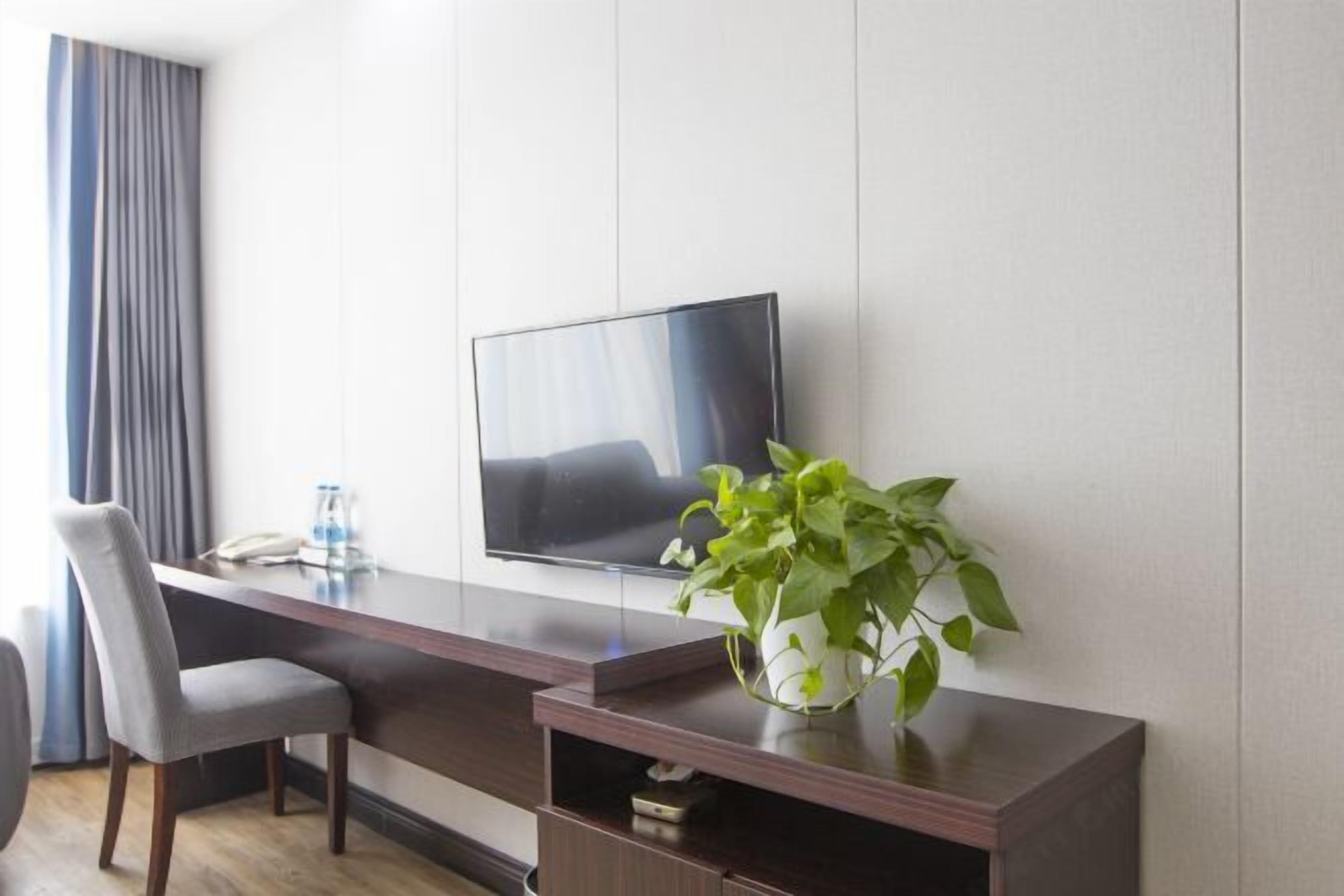 Een moderne hotelkamer met een flatscreen televisie aan de muur, een houten bureau met een stoel, en een potplant op het bureau.