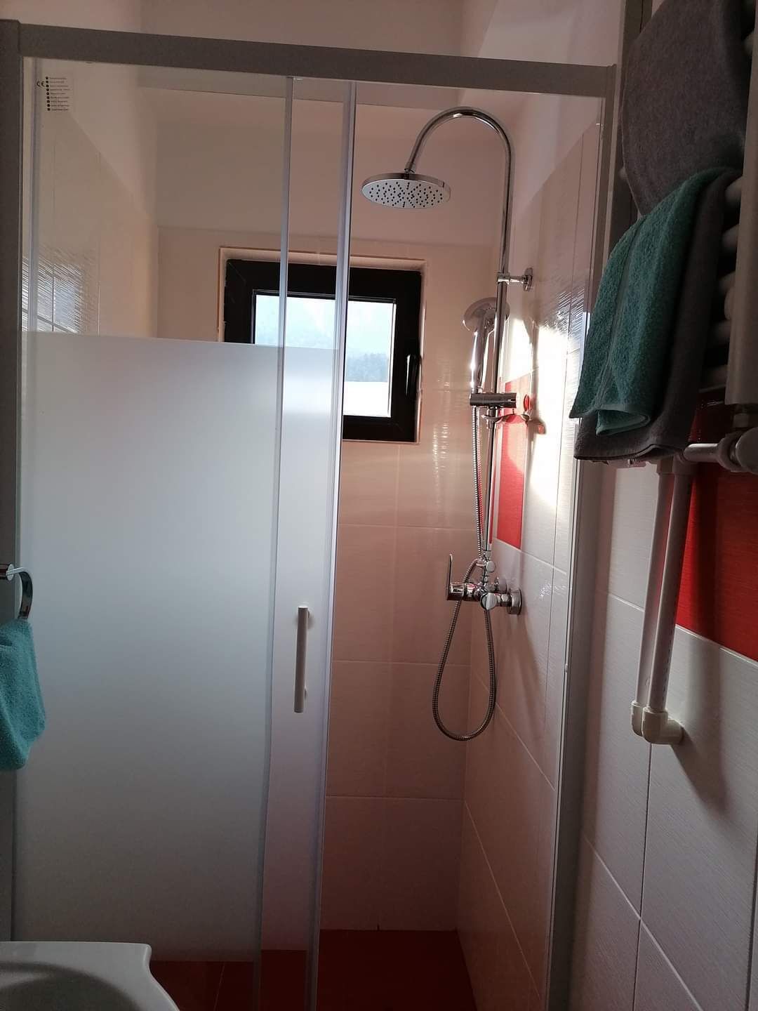 Combined shower/tub, hair dryer, towels, soap