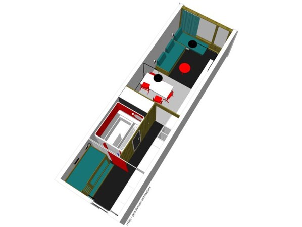 A 3D floor plan of a hotel room with a bed, a desk, a chair, a small table, and a red circular object.