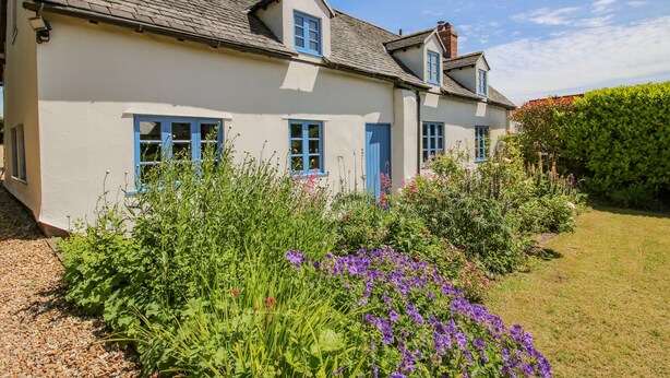 A two-story house with a white exterior and blue shutters, surrounded by a garden with various plants and flowers. - 46-47 Lydbury North (Lydbury North)