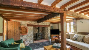 A cozy living room with a stone fireplace, wooden beams, a green sofa, and a television on a wooden stand. - 46-47 Lydbury North (Lydbury North)