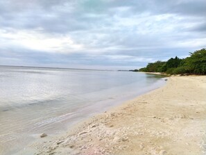 A beach with clear water, a sandy shore, and a line of trees in the background. - The Boathouse at Calatagan (Calatagan)