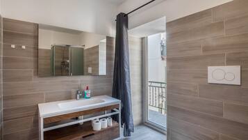 Ducha, secador de pelo, toallas y papel higiénico