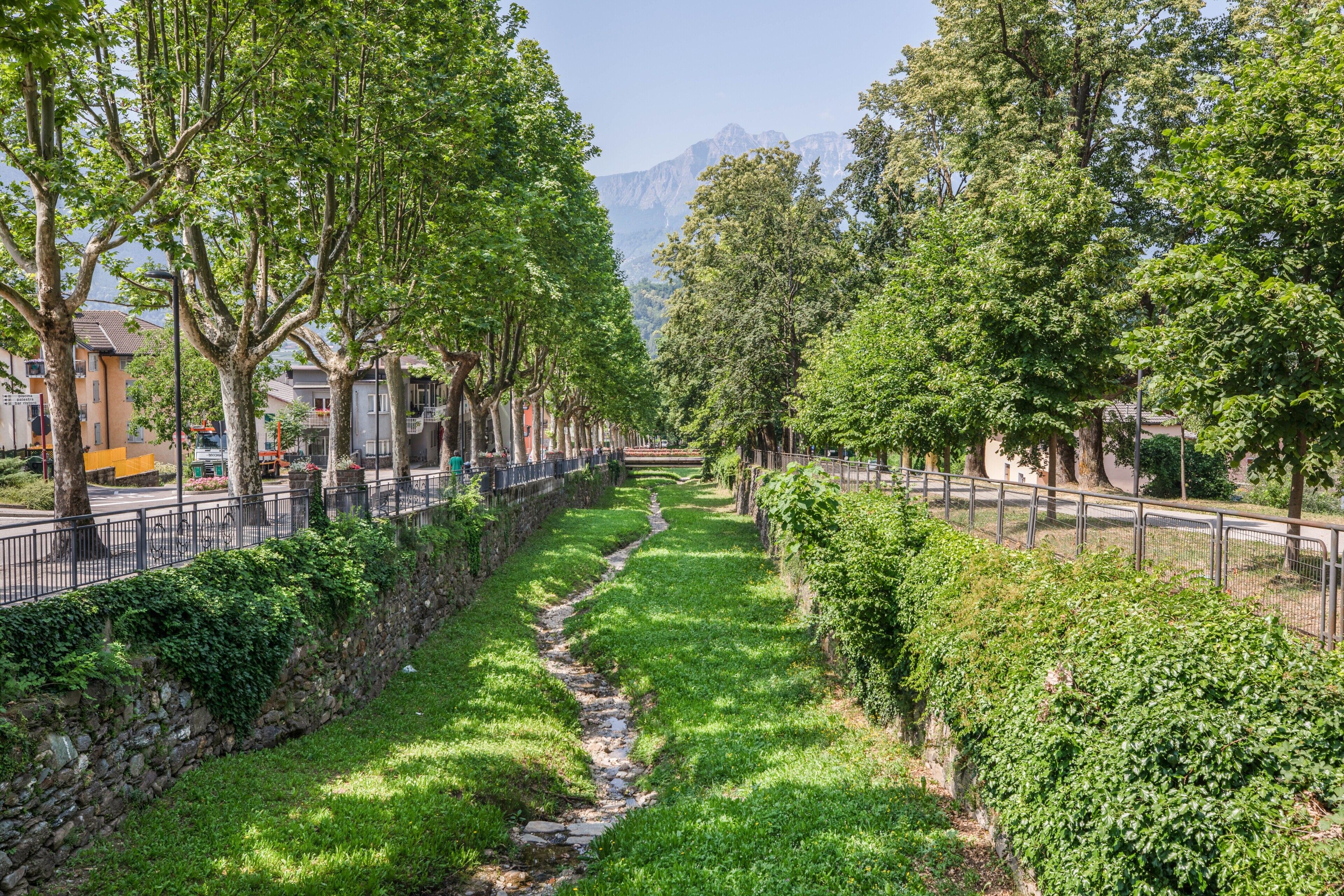A tree-lined pathway with a stone wall and a stream, leading to a mountain backdrop.