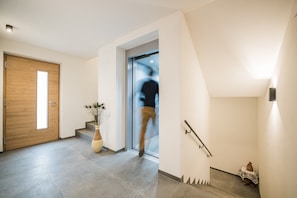 Ein modernes Interieur mit einer Holztür, einer Treppe und einer Pflanzvase.