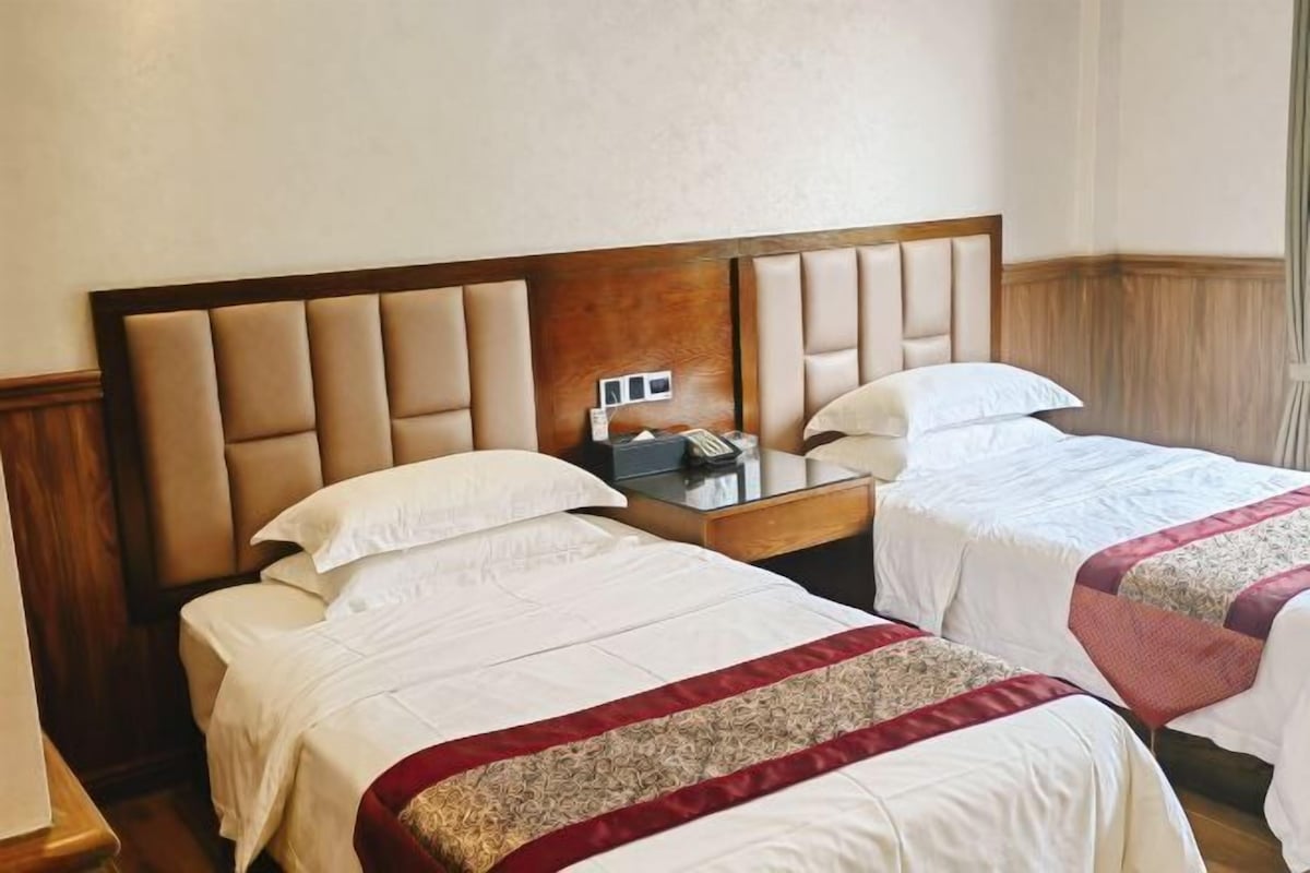 Habitación de hotel con dos camas, un cabecero de madera, una mesita de noche con un teléfono y una ventana con cortinas.