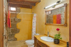 Ein Badezimmer mit Steinwand, Holzboden, Toilette in Weiß, Waschbecken mit Spiegel und einer Topfpflanze.