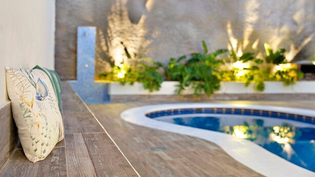 Area piscina con terrazza in legno, un cuscino e un muro con piante.